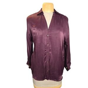 Zara Plum Satin Blend Long Sleeve Button Up Shirt Women M Burgundy Everyday Chic